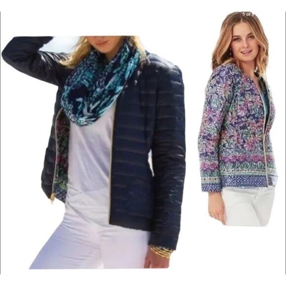 Lilly Pulitzer Reversible Puffer Jacket Womens S‎ Navy Blue Floral Quilted Zip